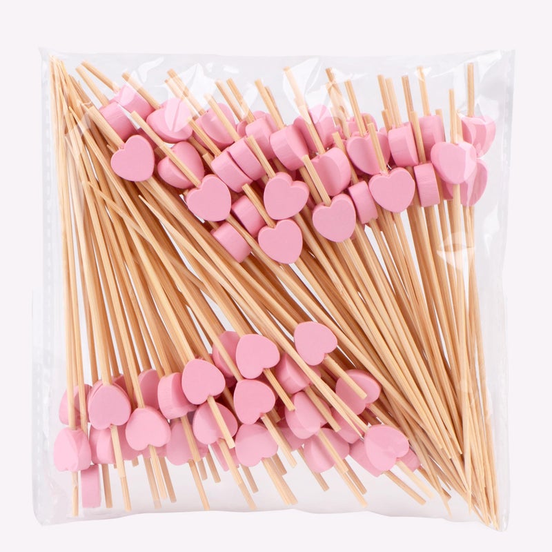 JtmyAota 100 Pack Fruit Toothpicks, Heart-Shaped Bamboo Cocktail Picks, Natural Bamboo Toothpicks for Appetizers Fruit Cake Dessert Barbecue Snacks Sandwiches (Pink) - Image 1